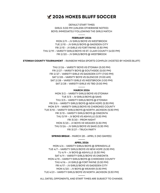 2026 Soccer Schedule
